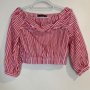 Zara Basic Stripe Off Shoulder 3/4 Sleeve Crop Top Red White Elastic Bottom S